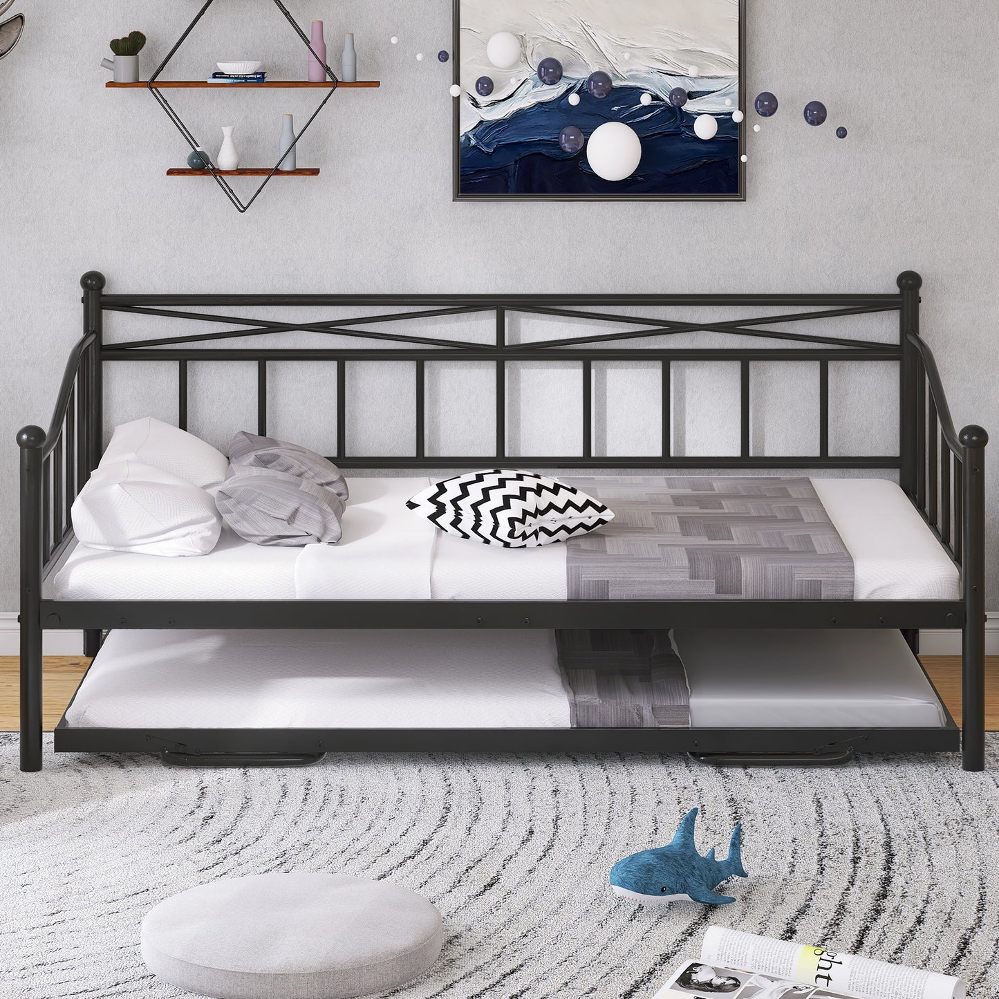 Daybed with Trundle, Twin Size Metal Daybed and Trundle Set for Kids Teens Adults, No Box Spring Needed