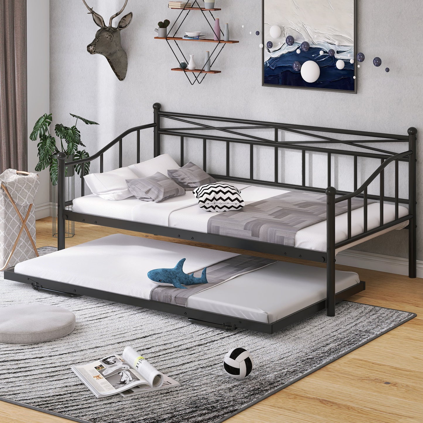 Daybed with Trundle, Twin Size Metal Daybed and Trundle Set for Kids Teens Adults, No Box Spring Needed