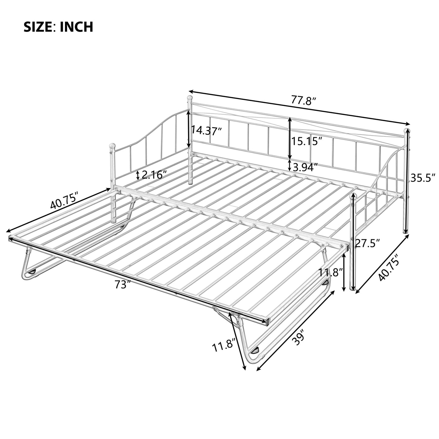 Daybed with Trundle, Twin Size Metal Daybed and Trundle Set for Kids Teens Adults, No Box Spring Needed