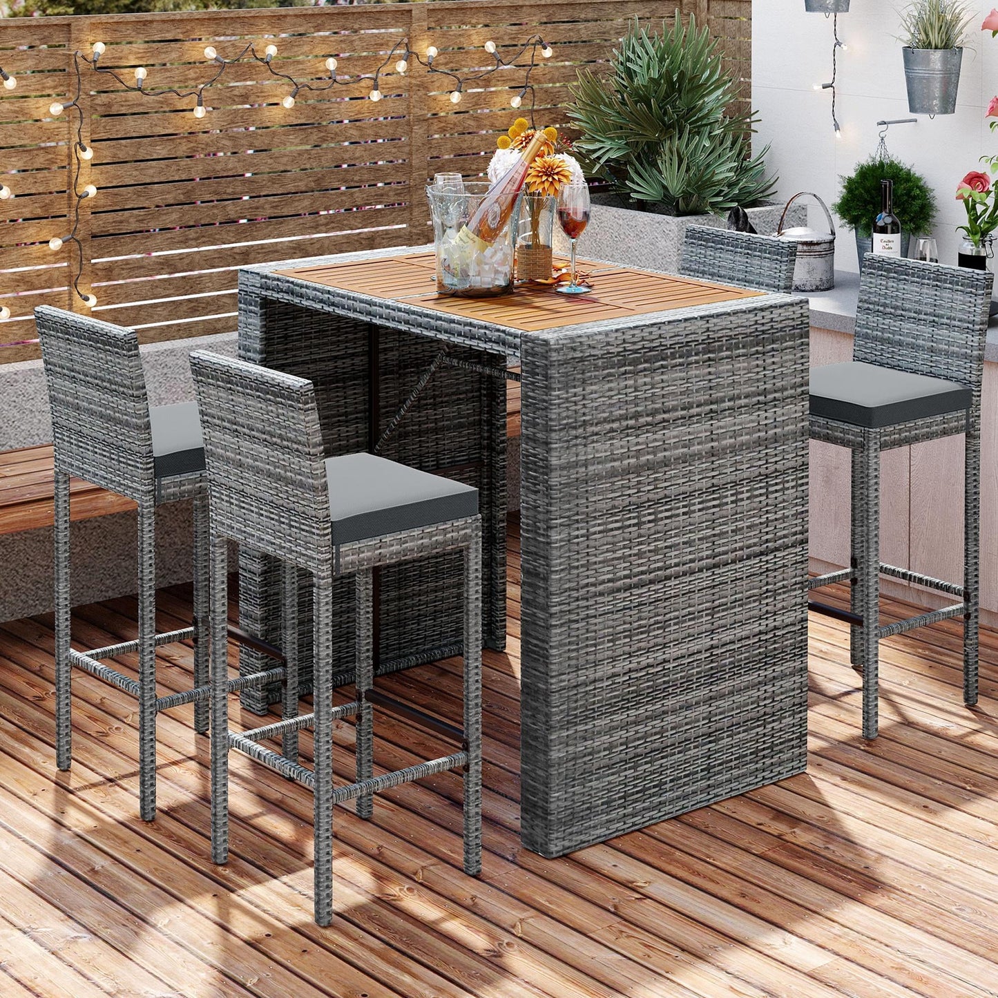 5 Piece Outdoor Dining Set with Storage Shelf, Patio Bar Table and 4 Stools Set, Modern Gray Wicker Outdoor Furniture Sets