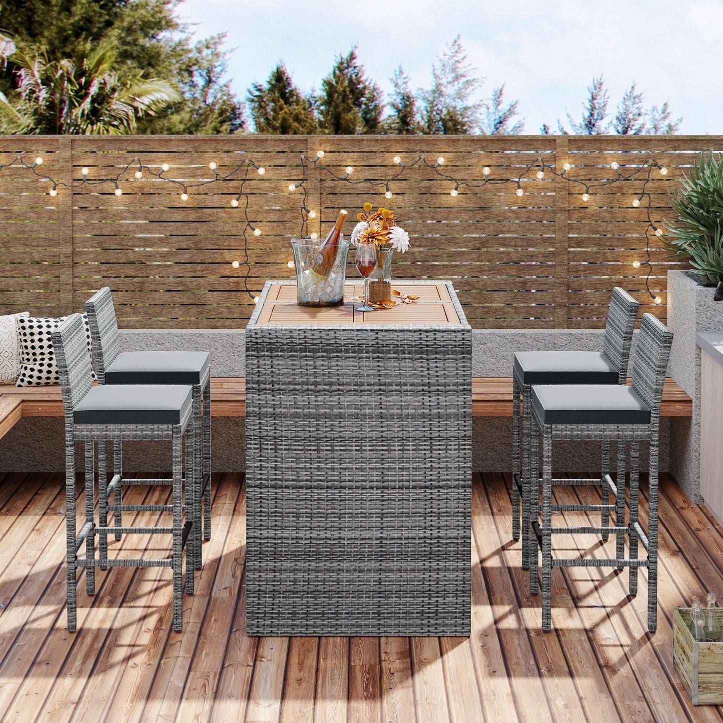 5 Piece Outdoor Dining Set with Storage Shelf, Patio Bar Table and 4 Stools Set, Modern Gray Wicker Outdoor Furniture Sets