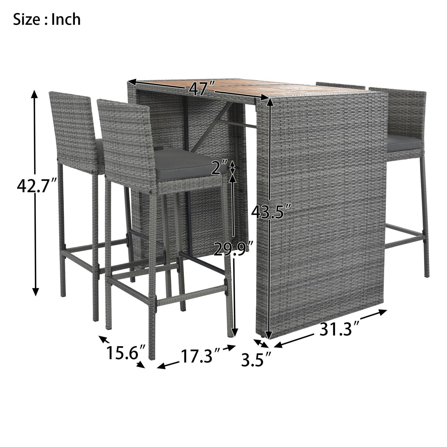 5 Piece Outdoor Dining Set with Storage Shelf, Patio Bar Table and 4 Stools Set, Modern Gray Wicker Outdoor Furniture Sets