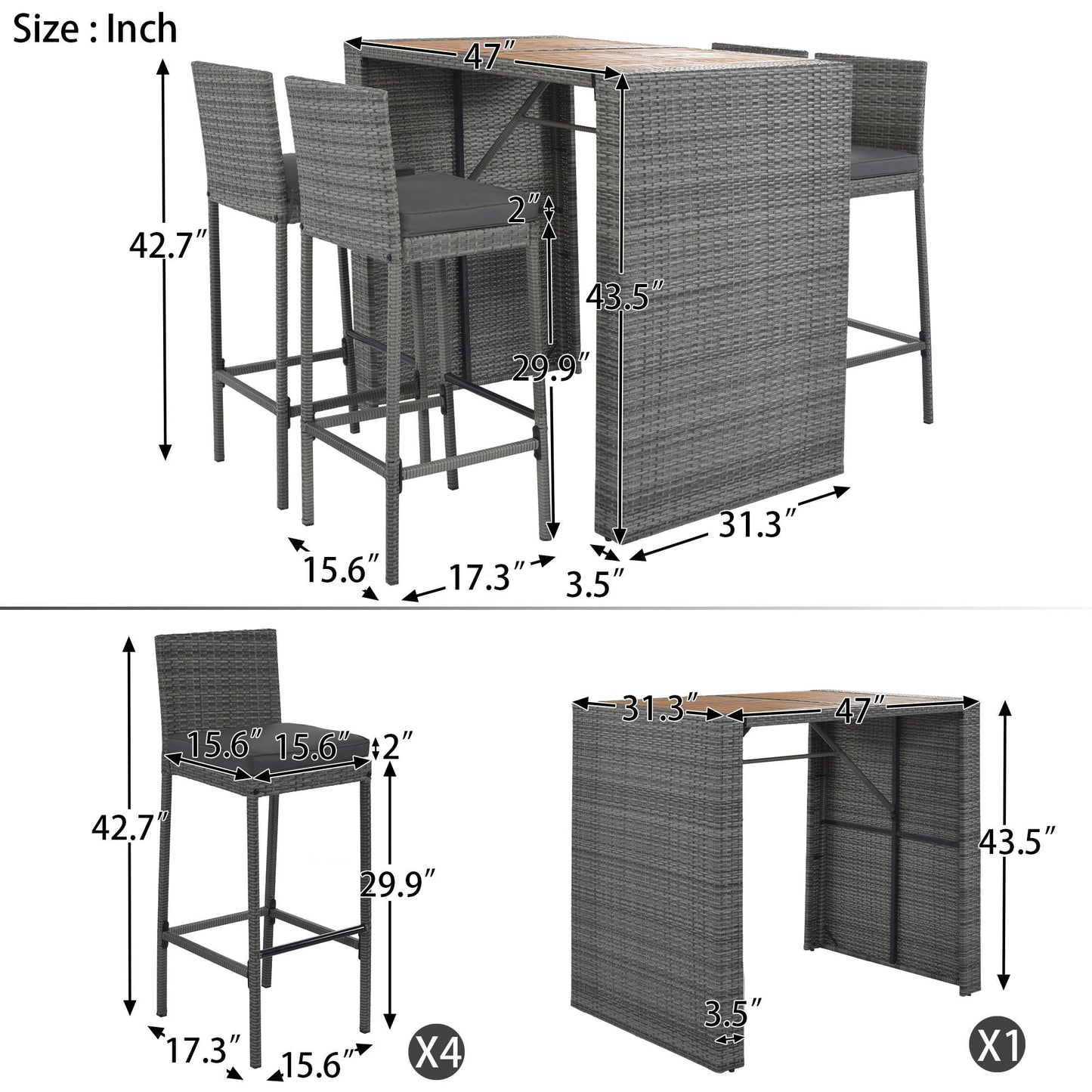 5 Piece Outdoor Dining Set with Storage Shelf, Patio Bar Table and 4 Stools Set, Modern Gray Wicker Outdoor Furniture Sets