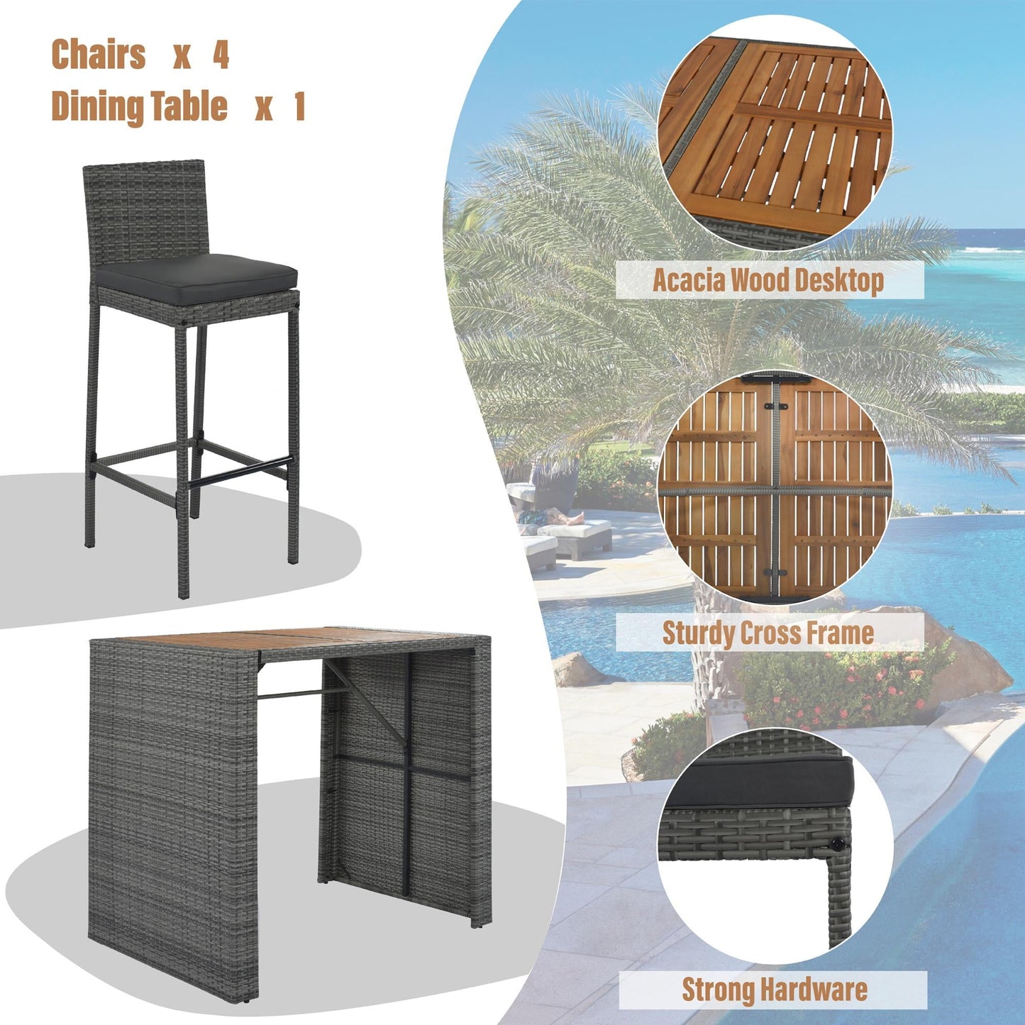 5 Piece Outdoor Dining Set with Storage Shelf, Patio Bar Table and 4 Stools Set, Modern Gray Wicker Outdoor Furniture Sets