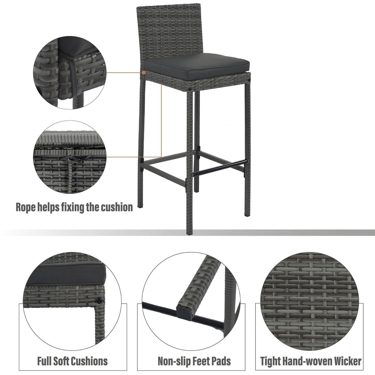 5 Piece Outdoor Dining Set with Storage Shelf, Patio Bar Table and 4 Stools Set, Modern Gray Wicker Outdoor Furniture Sets