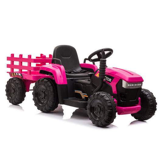 12v Kid Ride On Truck, Ride On Tractors, 6 Wheels Kids Electric Tractor with Trailer, 2 Speeds, Led Lights, Bluetooth Audio Functions, Rose Red Motorized Riding Toys for Boys Girls,