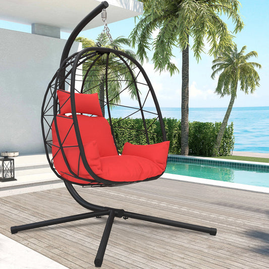 Outdoor Egg Chair, Patio Wicker Swing Egg Chair with Stand, Aluminum Frame Hanging Chair with Soft Cushion and Pillow for Bedroom Patio Balcony