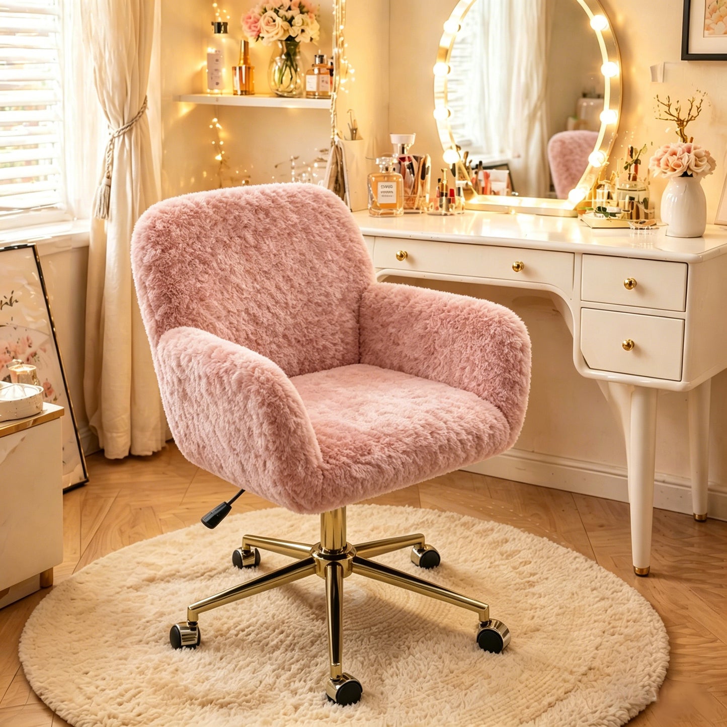 SESSLIFE Vanity Chair, Height Adjustable Velvet Computer Chair, Modern Makeup Chair, 360° Swivel Office Chair, Mid Back Chair, Living Room Chairs, Purple