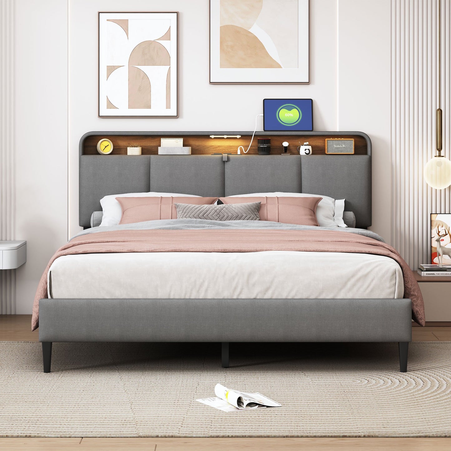 Sesslife Full Size Bed Frame with 2-Tier Hidden Storage Headboard, Upholstered Platform Bed with Sensor Light and Charging Station, Strong Wood Slats Support, No Spring Box Needed, Gray