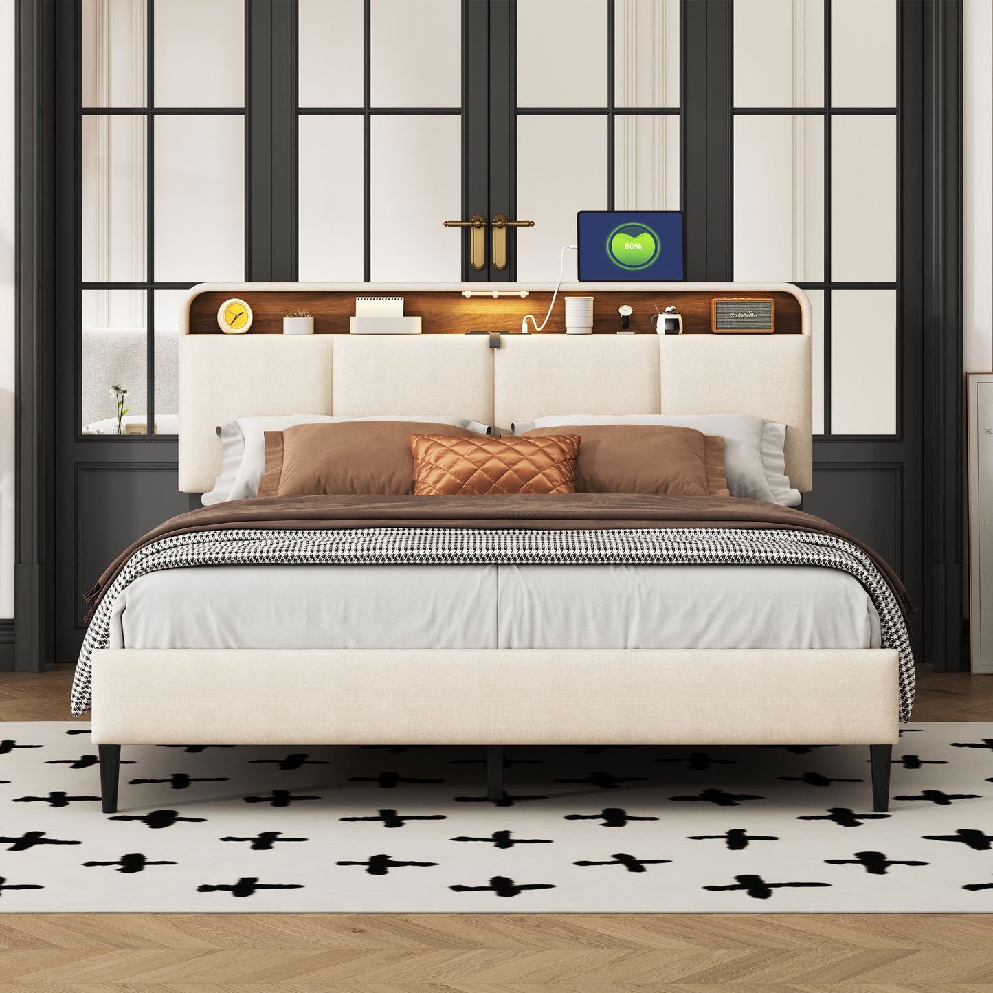 Sesslife Full Size Bed Frame with 2-Tier Hidden Storage Headboard, Upholstered Platform Bed with Sensor Light and Charging Station, Strong Wood Slats Support, No Spring Box Needed, Gray