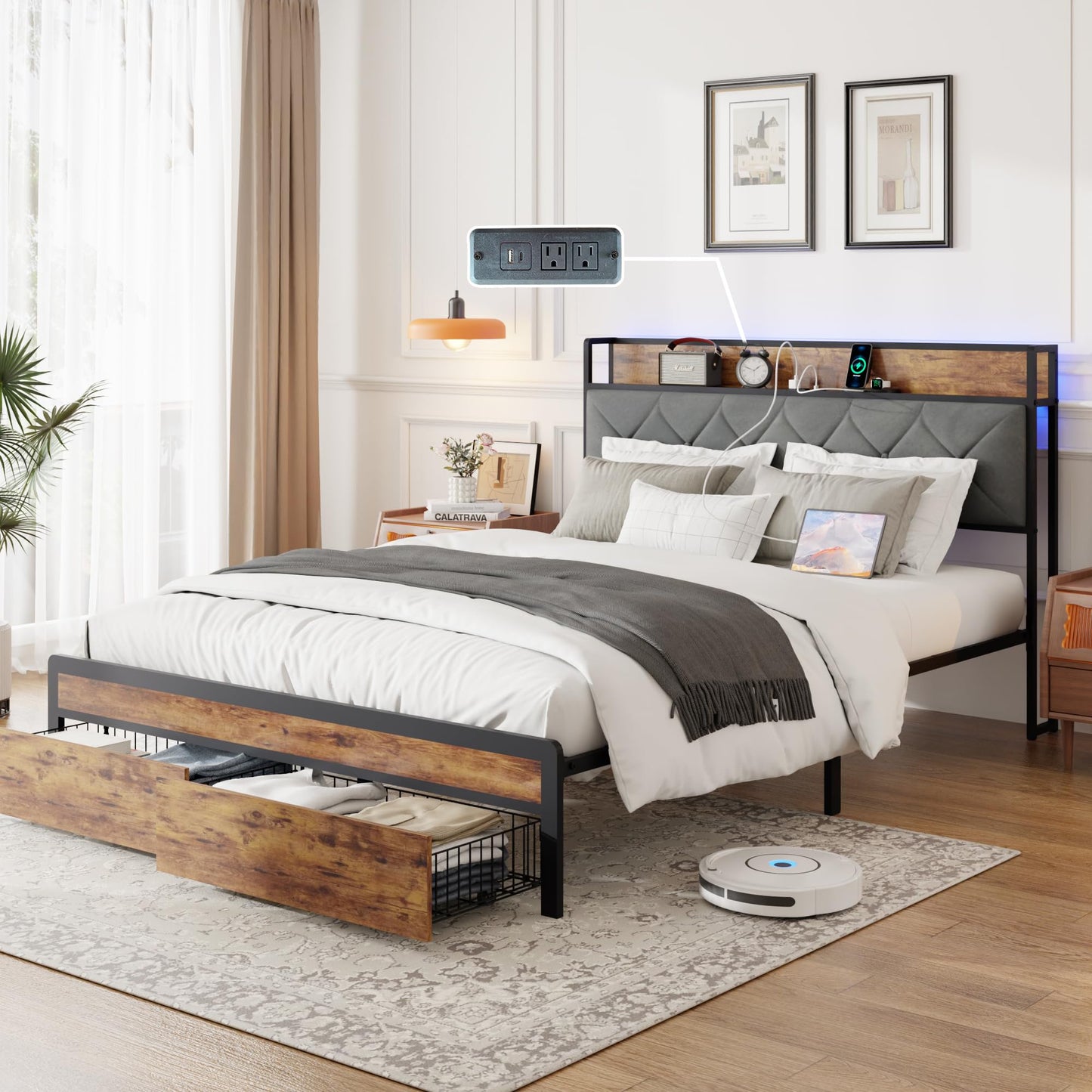 Sesslife Full Bed Frame with LED Tufted Storage Headboard, Industrial Metal Platform Bed with 2 Drawers and Charging Station, Large Under Bed Storage, Noise Free, No Box Spring Needed, Brown