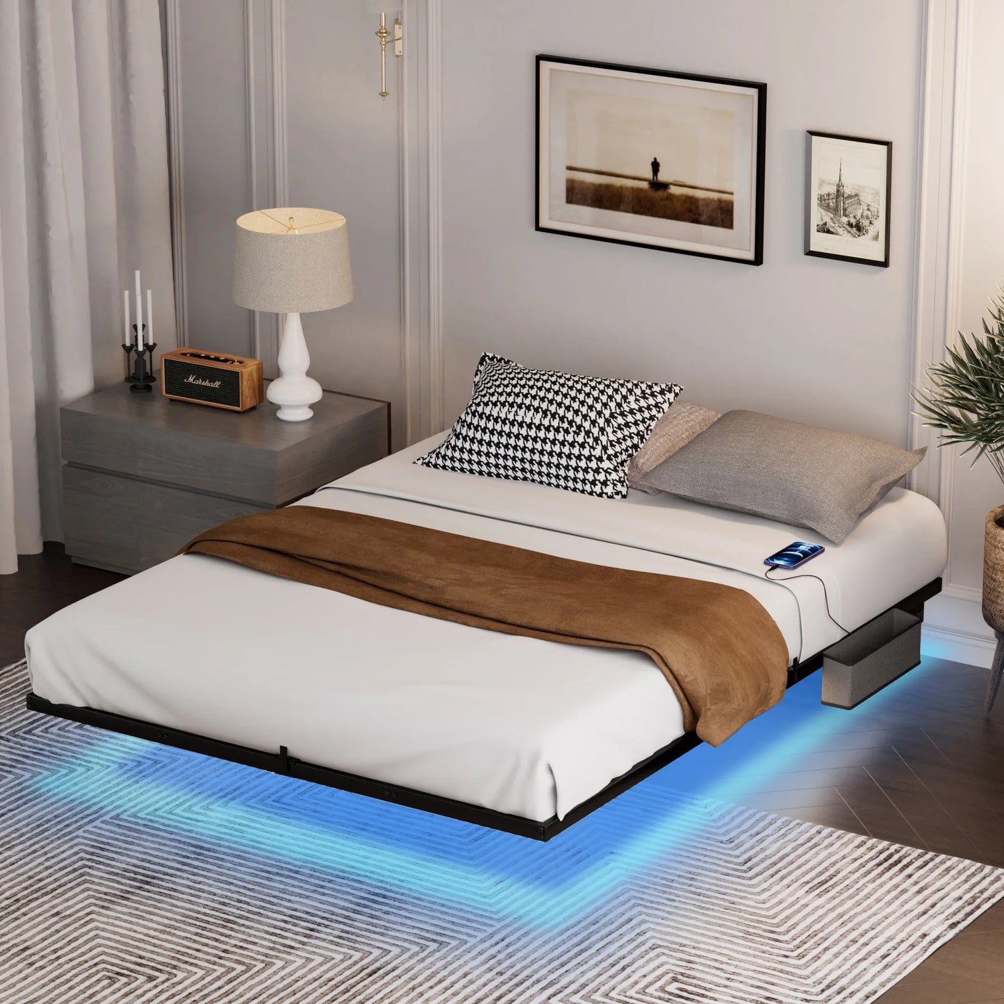 Sesslife Floating Bed Frame with LED Lights, Queen Size Metal Bed Frame with Side Pocket and Charging Station, Platform Bed Frame with Mattress Slide Stoppers, No Box Spring Needed, Black