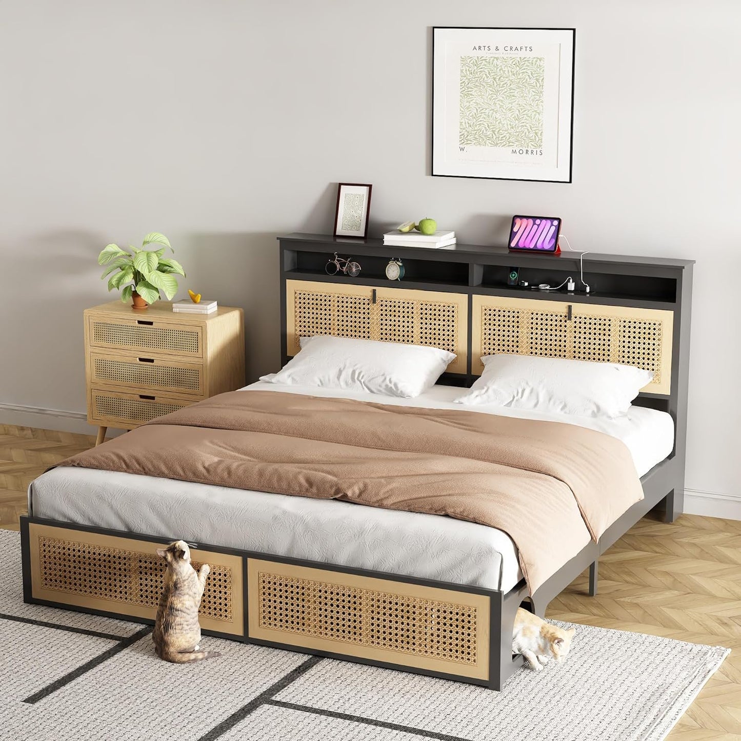 Sesslife Rattan Full Size Bed Frame with LED Lights and Charging Station, Farmhouse Metal Platform Bed with Storage Headboard and Cat Cabinet, Strong Slats Support, No Box Spring Needed, Black