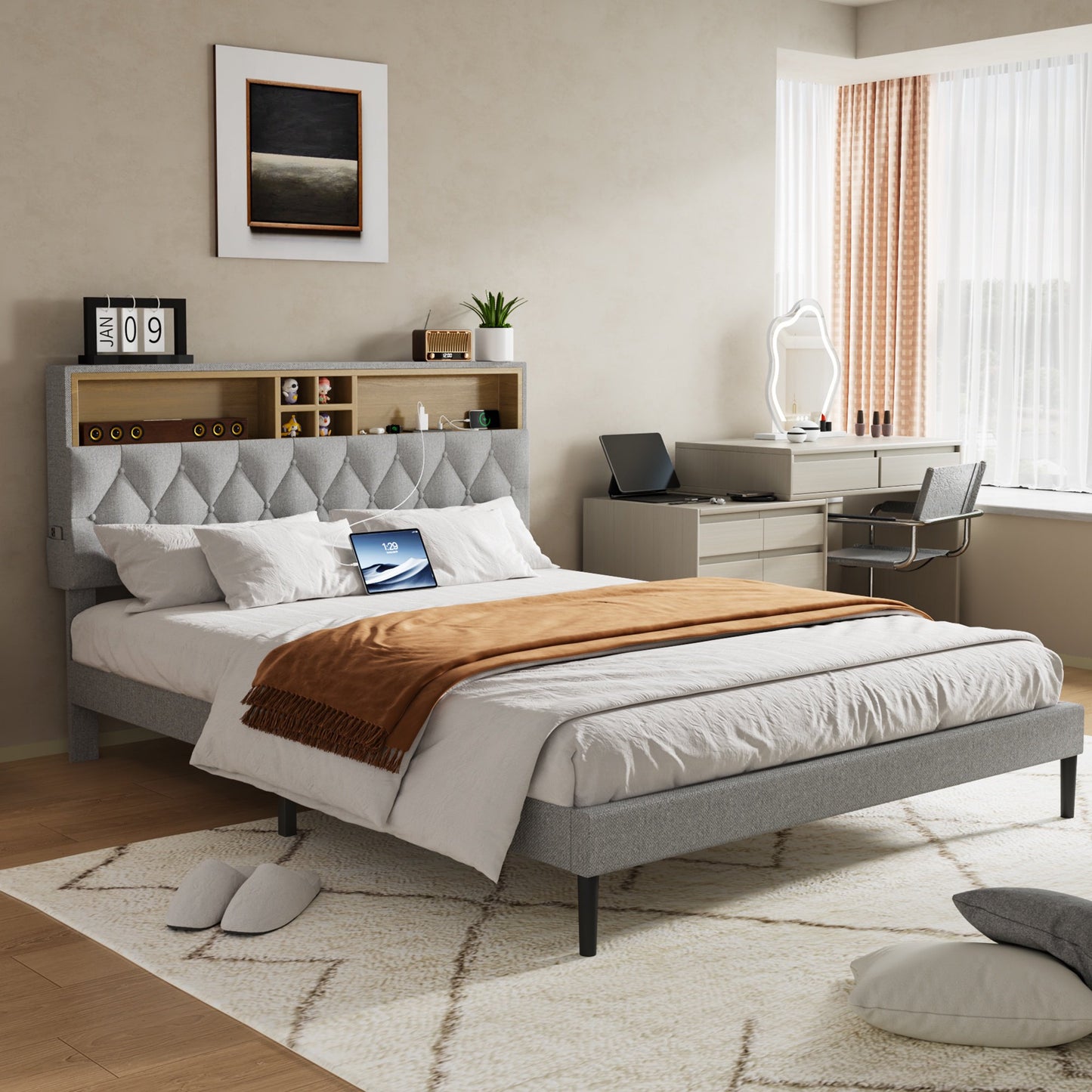 Sesslife Queen Bed Frame with Adjustable Storage Headboard, Upholstered Platform Bed with Charging Station and 2 Side Pockets, Strong Wood Slats Support, Noise Free, No Box Spring Needed, Gray