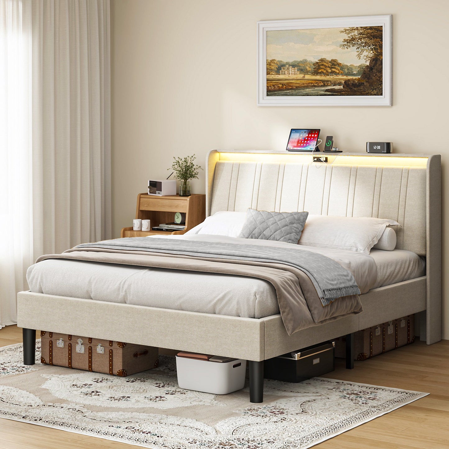 Sesslife Full Size Bed Frame with LED Headboard, Upholstered Platform Bed with Charging Station, Full Bed with Large Under Bed Storage, Noise Free, Strong Slats Support, No Box Spring Needed, Beige
