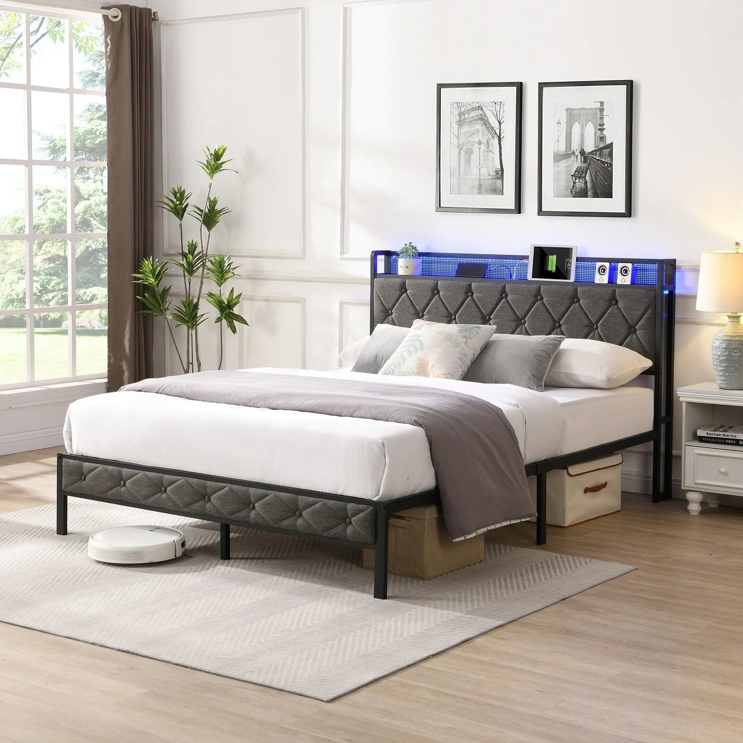 Sesslife LED Full Bed Frame with Storage Headboard, Upholstered Platform Bed with Power Charging Station and LED Light, Full Size Bed Frame with Underbed Storage, No Box Spring Needed, Gray