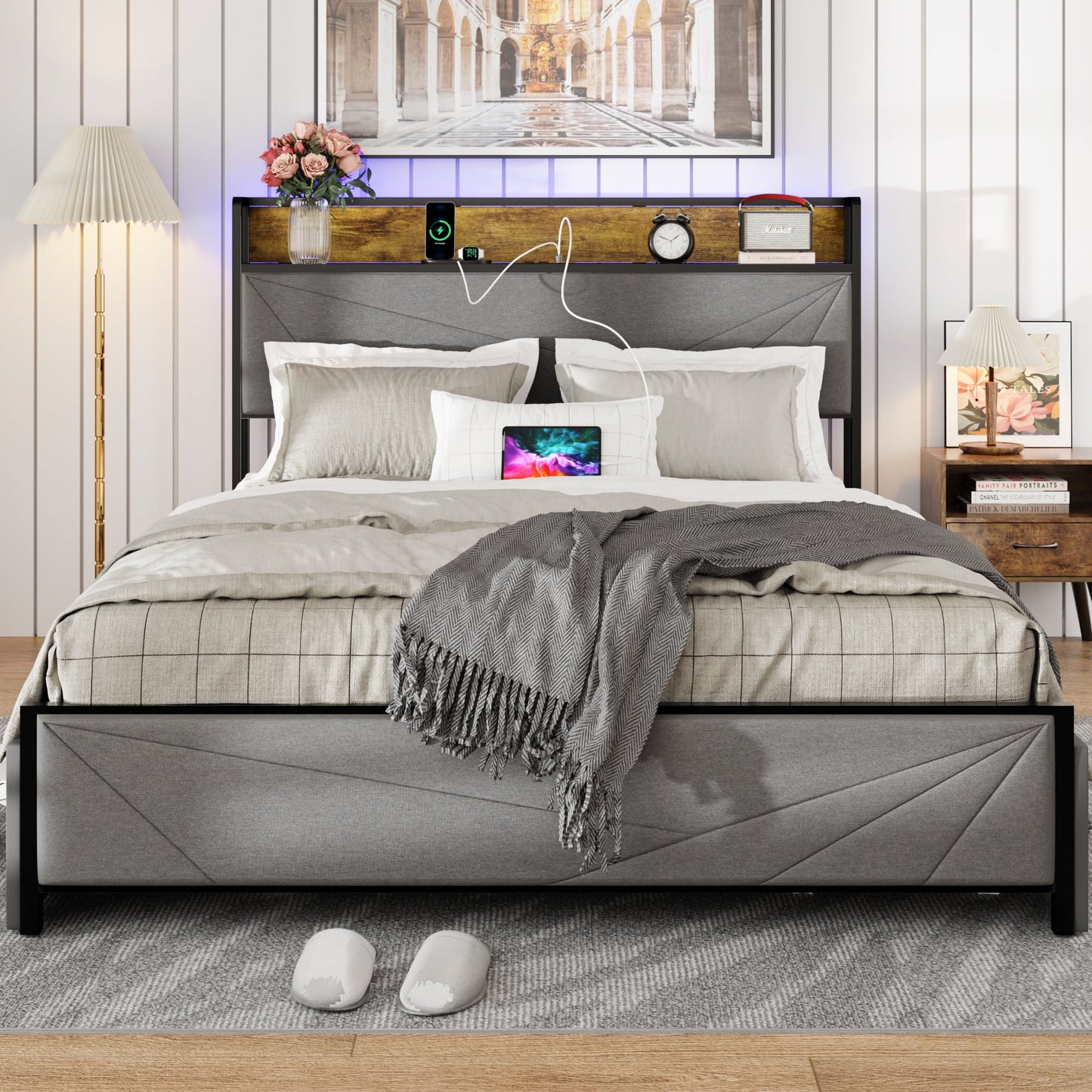 Sesslife Full Size LED Bed, Platform Bed Frame with 2-Tier Headboard and 4 Drawers, Heavy Duty Upholstered Bed with Charging Station, Sturdy Metal Slats Support, No Spring Box Needed, Gray