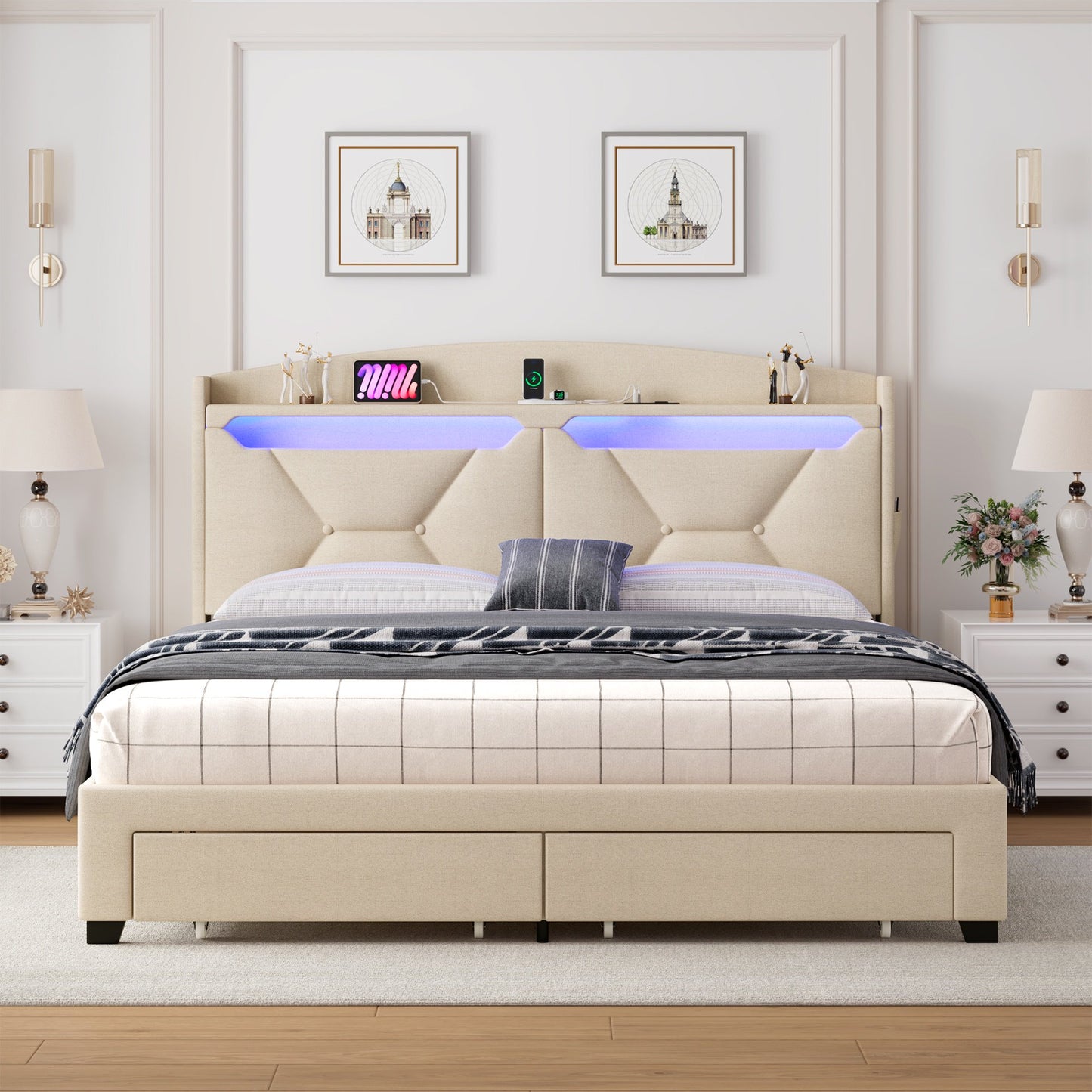 Sesslife Full Size Bed Frame with LED Storage Headboard, Upholstered Platform Bed with 2 Drawers, Charging Station and Side Pocket, Strong Wooden Slats Support, No Spring Box Needed, Beige