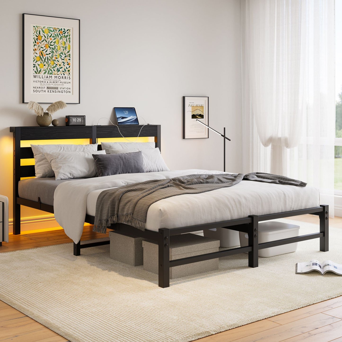 Sesslife LED Bed Frame Full Size with Wood Storage Headboard, Heavy Duty Metal Platform Bed with Charging Station, Full Bed frame with Large Underbed Storage, No Box Spring Needed, Brown