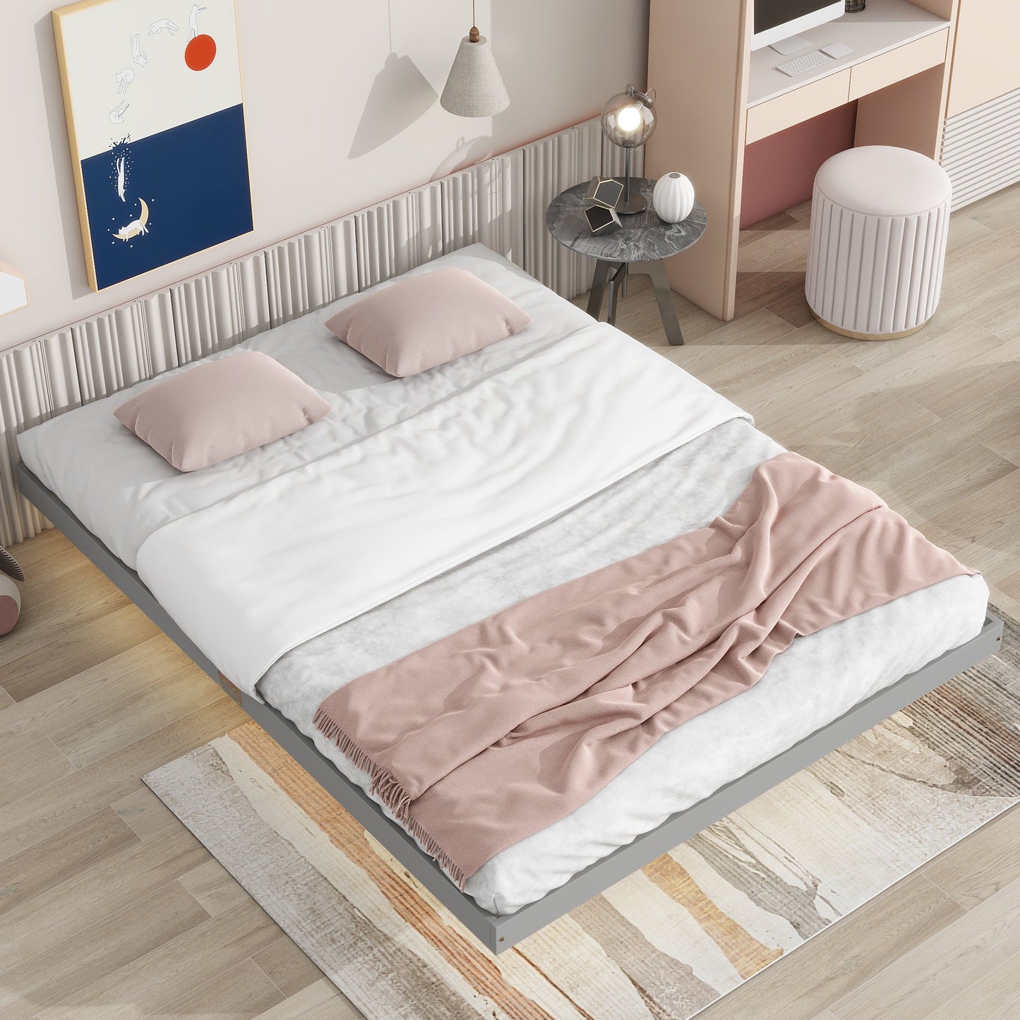 Sesslife Full Size Floating Bed Frame with LED Lights Underneath, Modern Low Profile Wood Platform Bed, Full Bed with Strong Slats Support, Easy Assembly, Noise Free, No Box Spring Needed, Gray