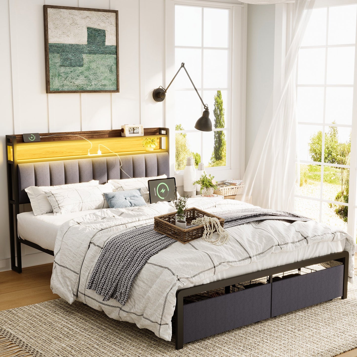 Sesslife LED Bed Frame Queen Size, Upholstered Platform Bed with 2 Tier Headboard and Charging Station, Heavy Duty Queen Bed Frames with 2 Storage Drawers for Living Room, No Box Spring Needed, Gray
