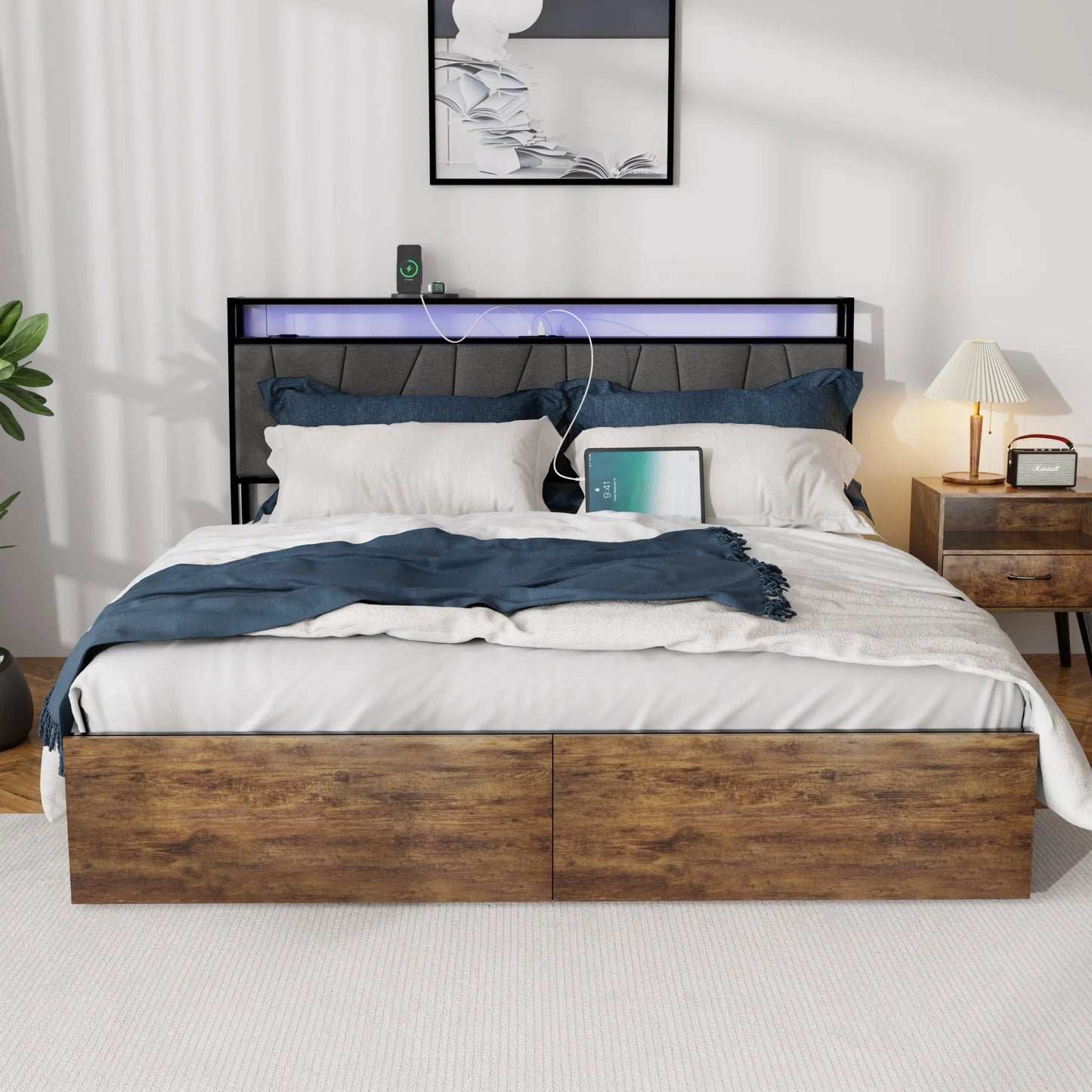 Sesslife LED King Bed Frame with Storage, Metal Platform Upholstered Bed Frame with Storage Headboard, Power Charging Station, and LED Light, 2 Drawers King Bed Frame No Box Spring Needed, Brown