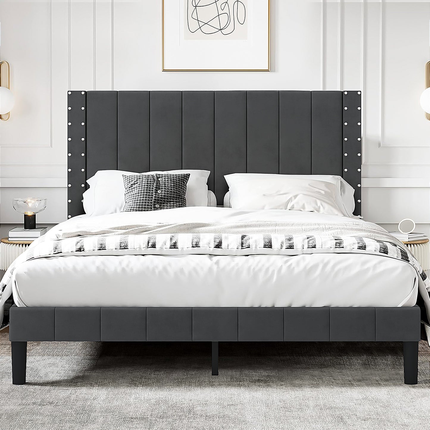 Full Bed Frame, Platform Bed Frame Full Size with Modern Flannelette Fabric Upholstered Headboard and Wooden Slats Support, Bedroom Furniture, No Box Spring Needed, Easy Assembly, Grey