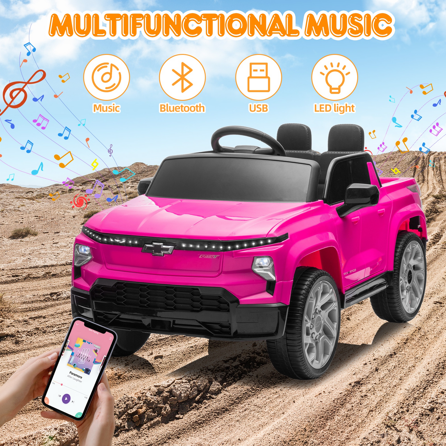 Chevrolet Silverado 24V Ride on Truck, Black Ride on Toys with Remote Control, Battery Powered Ride on Cars for Boys, Electric Truck Cars for Kids to Ride, LED Lights, MP3 Music, Single Seat, Pink