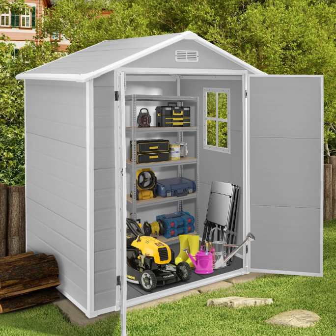 Sesslife 6' x 4' Outdoor Storage Shed, Garden Shed with Double Lockable Doors, Vertical Tool Storage Shed for Patio, Garden, Backyard, Lawn, White