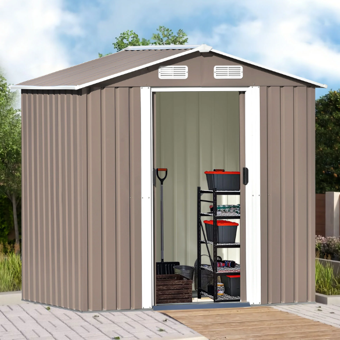 Sesslife 6' x 4' Outdoor Storage Shed, Patio Galvanized Steel Metal Shed with Sliding Doors, Garden Shed with Floor Frame and Vents for Tools, Lawn Mover, Bike, Brown