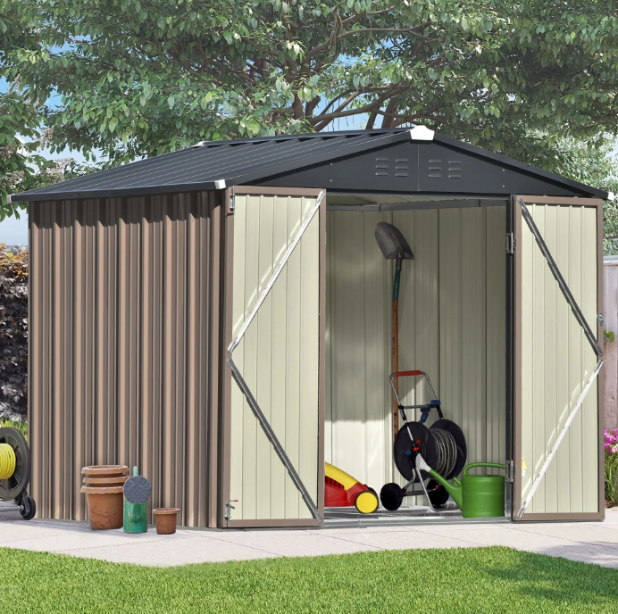 Sesslife 8' x 6' Outdoor Storage Shed, Patio Galvanized Steel Metal Shed with Lockable Doors, Garden Shed with Floor Frame and Vents for Tools, Lawn Mover, Bike, Brown