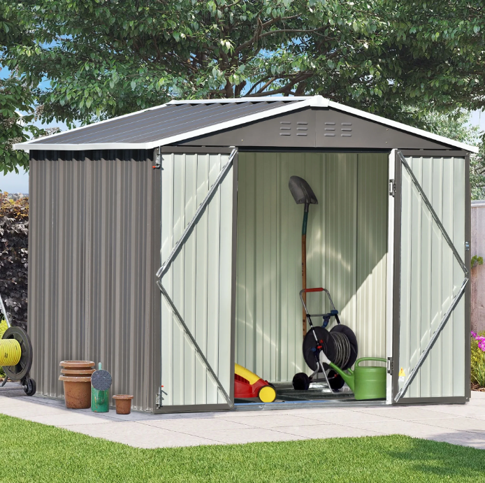 Sesslife 8' x 6' Outdoor Storage Shed, Patio Galvanized Steel Metal Shed with Lockable Doors, Garden Shed with Floor Frame and Vents for Tools, Lawn Mover, Bike, Gray