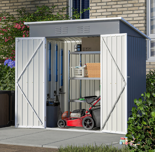 6' x 4' Outdoor Storage Shed, Galvanized Metal Outdoor Shed with Metal Base & Lockable Door, Light Gray Outdoor Storage House for Garden & Backyard