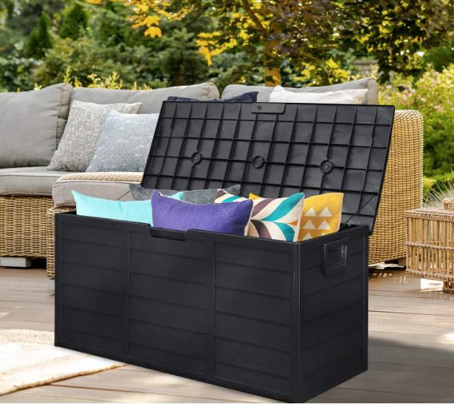 Sesslife 75 Gallon Deck Box, Organization and Storage Box for Patio Furniture Outdoor Cushions, Throw Pillows, Garden Tools and Pool Toys, Brown