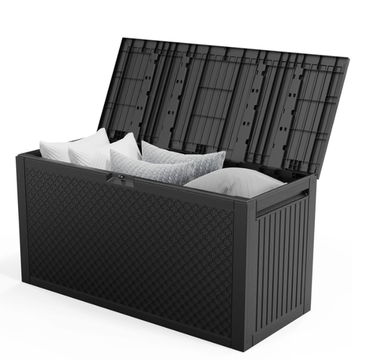 Enyopro 90 Gallon Deck Box, Organization and Storage Box for Patio Furniture Outdoor Cushions, Throw Pillows, Garden Tools and Pool Toys, Black