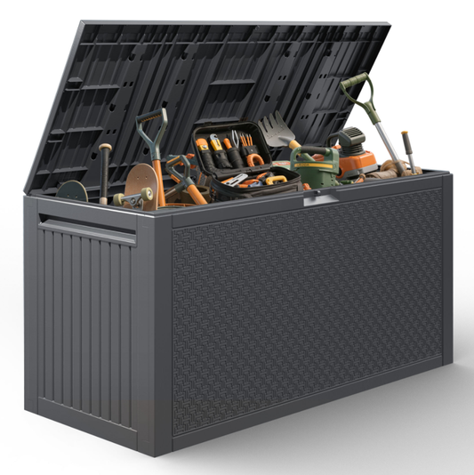 90 GALLON Deck Box, Outdoor Plastic Waterproof Storage Box Bench, Indoor Storage Bin Container for Patio Cushions, Garden Tools and Pool Toys, Gray