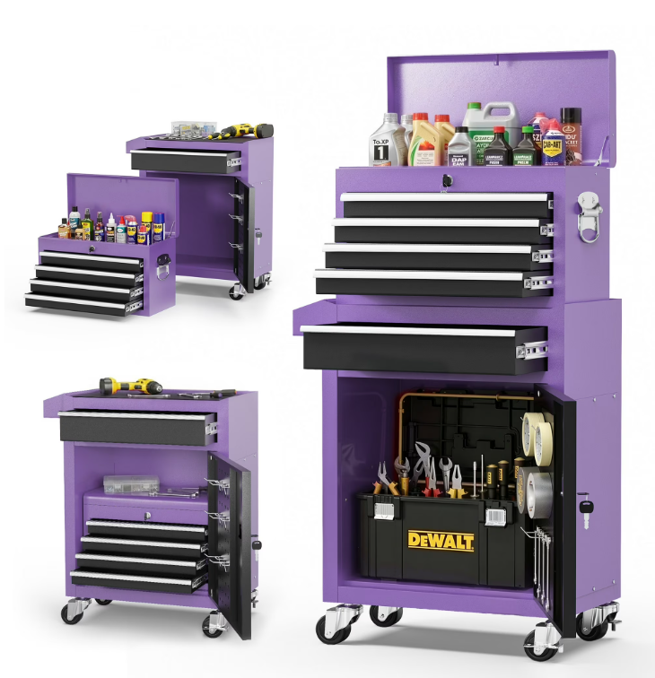 5-Drawer Tool Box, Enyopro Rolling Tool Chest, Stainless Steel Tool Box with Brake Wheels and 4 Drawers, Detachable Tool Cart, Purple