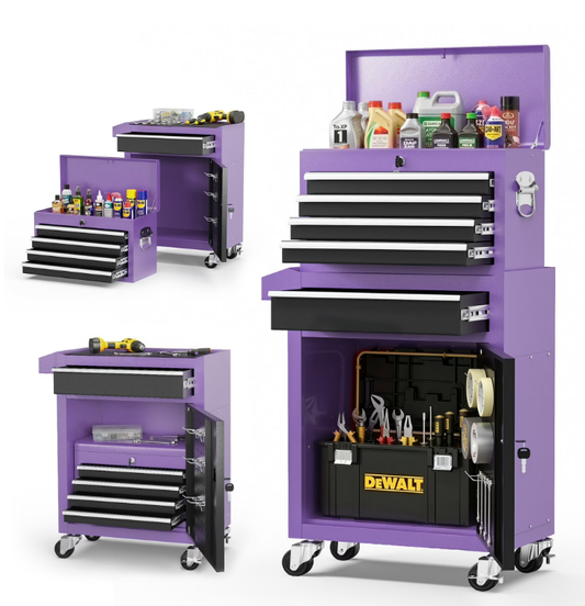 5-Drawer Tool Box, Enyopro Rolling Tool Chest, Stainless Steel Tool Box with Brake Wheels and 4 Drawers, Detachable Tool Cart, Purple