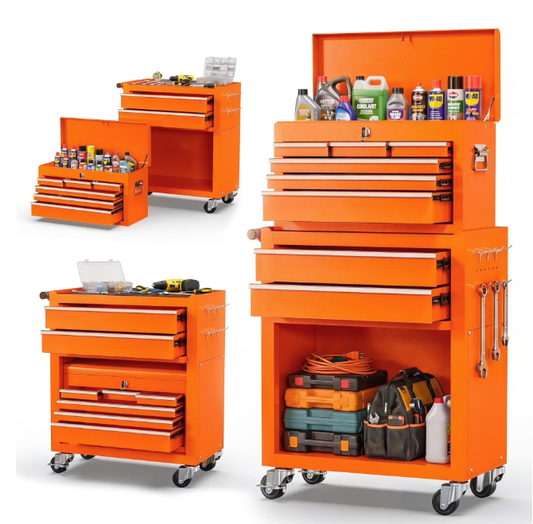 8-Drawer Rolling Tool Chest and Cabinet, Stainless Steel Tool Box with Brake Wheels and 8 Drawers, Orange Detachable Tool Cart, Orange