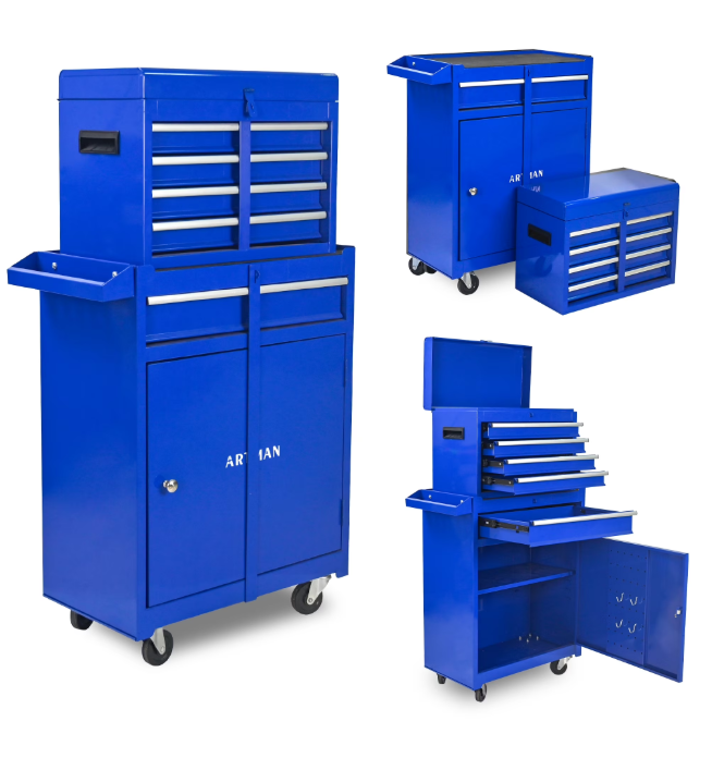 5-Drawer Tool Box, Enyopro Rolling Tool Chest, Stainless Steel Tool Box with Brake Wheels and 4 Drawers, Detachable Tool Cart, Blue