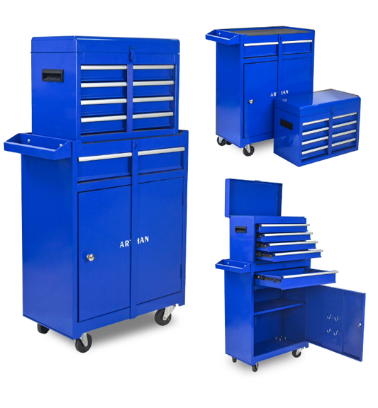 5-Drawer Tool Box, Enyopro Rolling Tool Chest, Stainless Steel Tool Box with Brake Wheels and 4 Drawers, Detachable Tool Cart, Blue