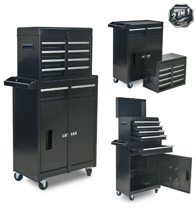 5-Drawer Rolling Tool Chest, Stainless Steel Tool Box with Brake Wheels and 4 Drawers, Black Detachable Tool Cart