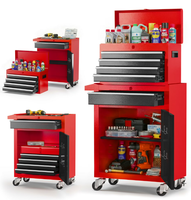 5-Drawer Tool Box, Enyopro Rolling Tool Chest, Stainless Steel Tool Box with Brake Wheels and 4 Drawers, Detachable Tool Cart, Red