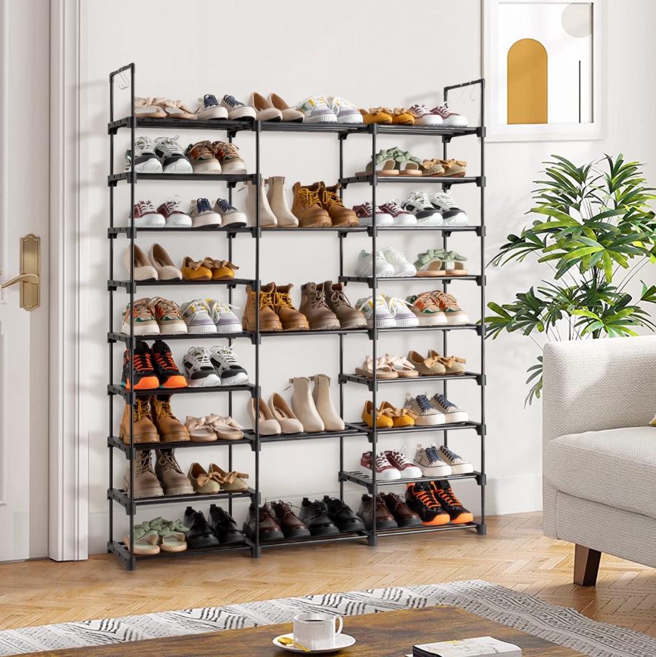 SESSLIFE 9 Tier Shoe Rack Organizer for Entryway 50-55 Pairs, DIY Stackable Shoe Rack for Closet Shoe Organizer with Sturdy Shelves and 4 Hooks, Metal Shoe Shelf Closet Organizer, Black