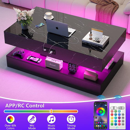 SESSLIFE Large Black LED Coffee Table with 2 Storage Drawers, Charging Station, Modern High Gloss Coffee Table w/LED Lights/APP Control, 2 Tiers Rectangle Living Room Furniture w/Marbling Print 47.2"