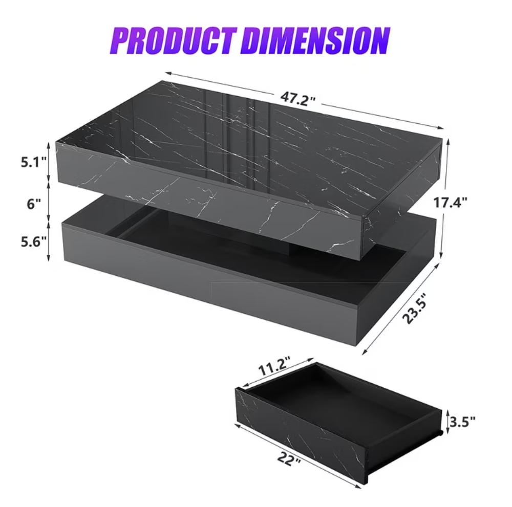 SESSLIFE Large Black LED Coffee Table with 2 Storage Drawers, Charging Station, Modern High Gloss Coffee Table w/LED Lights/APP Control, 2 Tiers Rectangle Living Room Furniture w/Marbling Print 47.2"