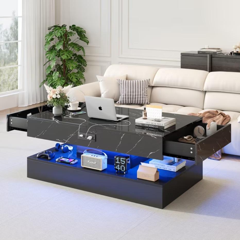 SESSLIFE Large Black LED Coffee Table with 2 Storage Drawers, Charging Station, Modern High Gloss Coffee Table w/LED Lights/APP Control, 2 Tiers Rectangle Living Room Furniture w/Marbling Print 47.2"