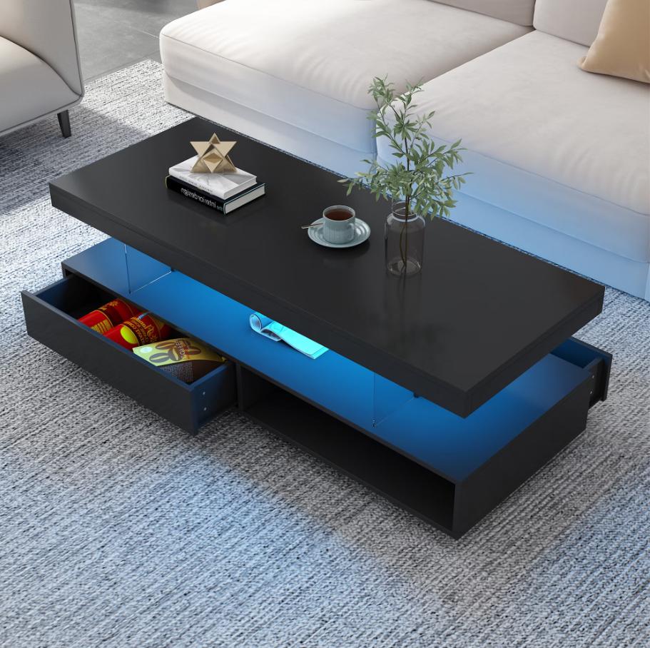 SESSLIFE Coffee Table, Modern Living Room Table with 16 Colors LED Lights, 51.2" Rectangular Center Table with 2 Storage Drawers & Open Display Shelves, Easy Assembly Remote Control, Black