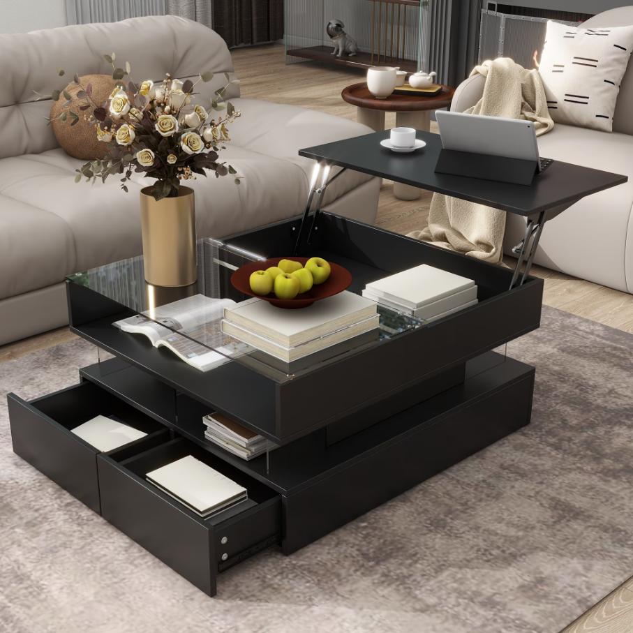 SESSLIFE Coffee Table, Modern Living Room Table with 16 Colors LED Lights, 51.2" Rectangular Center Table with 2 Storage Drawers & Open Display Shelves, Easy Assembly Remote Control, Black
