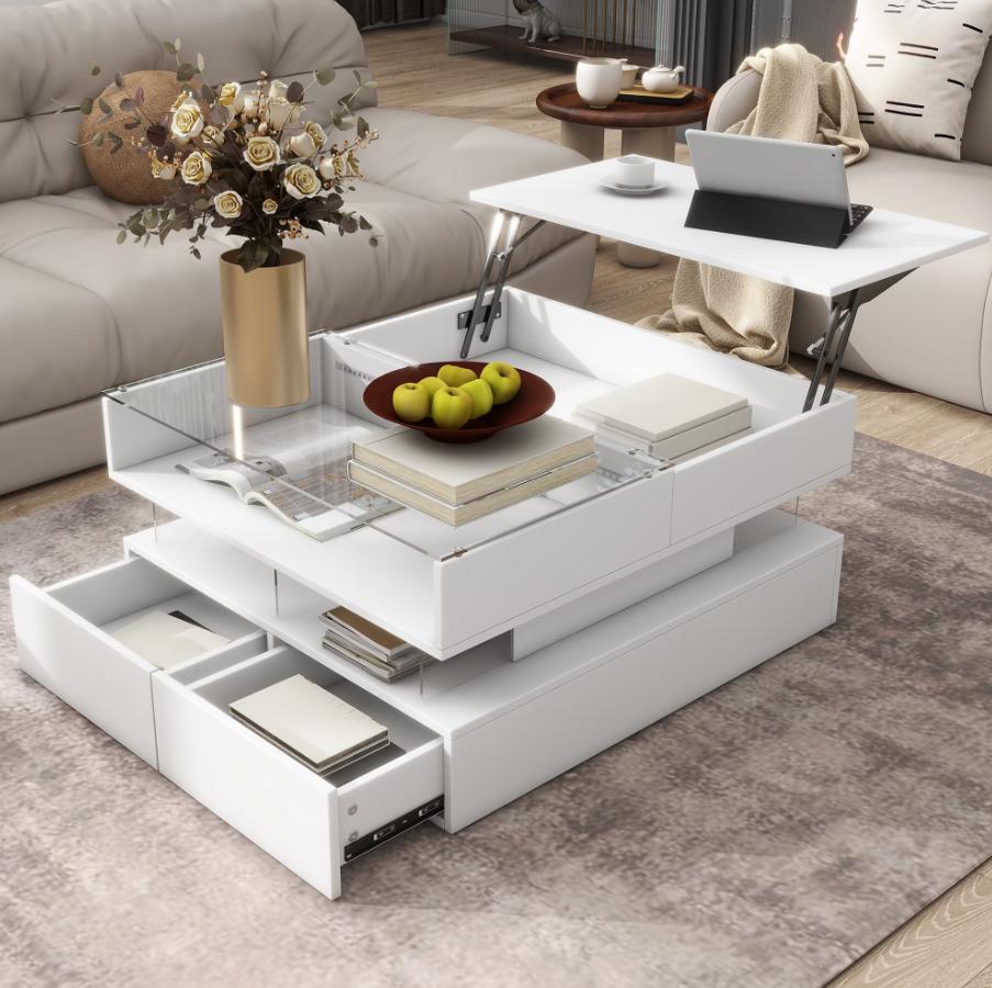 SESSLIFE Coffee Table, Modern Living Room Table with 16 Colors LED Lights, 51.2" Rectangular Center Table with 2 Storage Drawers & Open Display Shelves, Easy Assembly Remote Control, Black